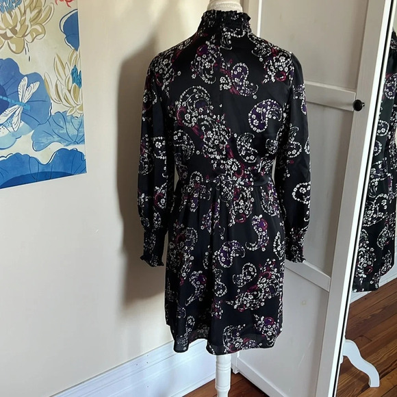 LOFT Paisley Smocked Flare Dress with Standing Collar Long Sleeves - Size 10P - Picture 10 of 13